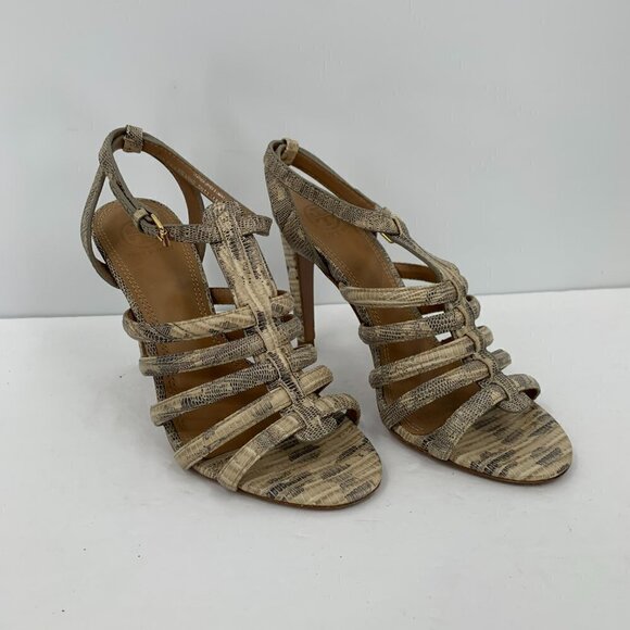 Tory Burch Charlene leather cream snake strappy heel sandal cage tan 8.5 - Picture 2 of 7